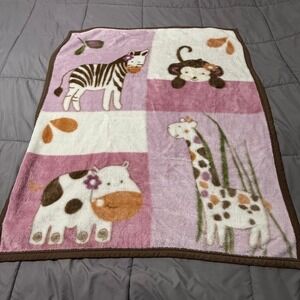 Cocalo Baby Pink Safari Animal Fleece Blanket Zebra Giraffe Monkey Hippo 35x41